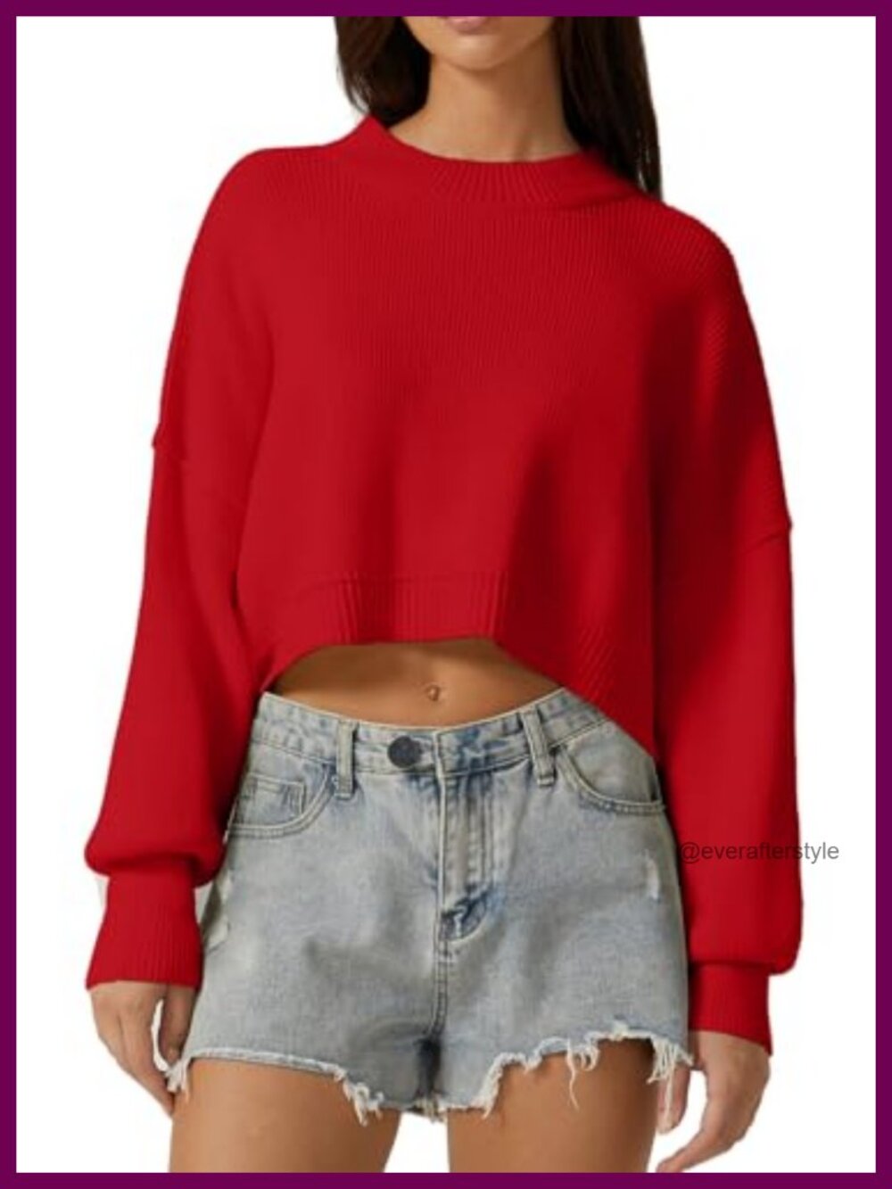 Women's Oversized Cropped Knit Sweater Mock Neck Long Lantern Sleeve Pullover